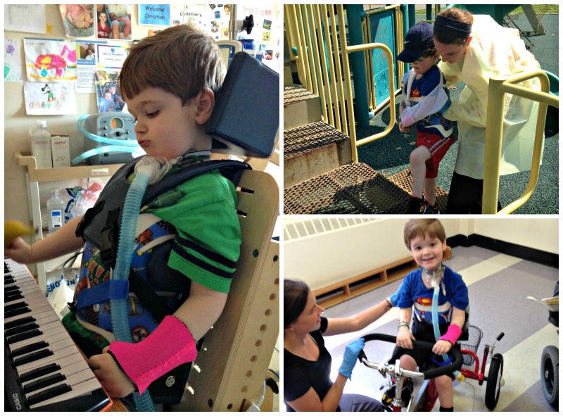 a collage of a young boy during rehabilitation
